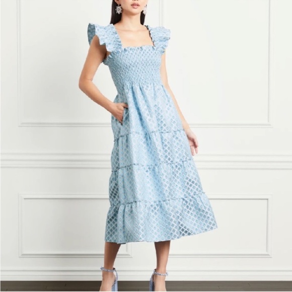 Hill House Ellie Nap Dress Snowflake Blue White Brocade Smocked Tiered Midi Sz S - Picture 8 of 13